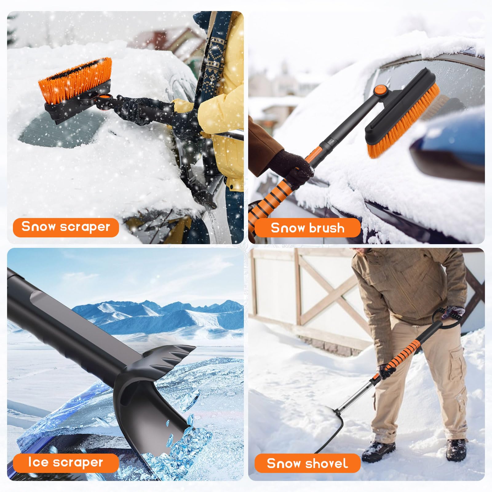 JNUYISW Ice Scraper for Car Windscreen 5-in-1 Detachable Telescopic Snow Shovel 180° Rotatable Snow Brush with Ergonomic Foam Grip Portable Car Winter Kit for Cars Trucks - Image 2