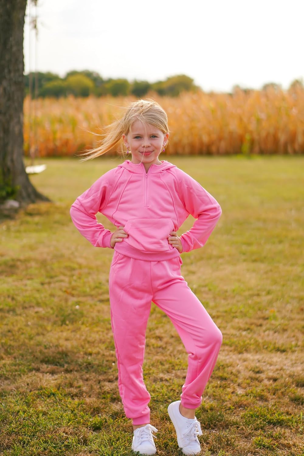 fioukiay Girls Outfits 2 Piece Half Zipper Hoodies Sweatsuits Long Sleeve Athletic Sweatshirts and Sweatpants with Pockets