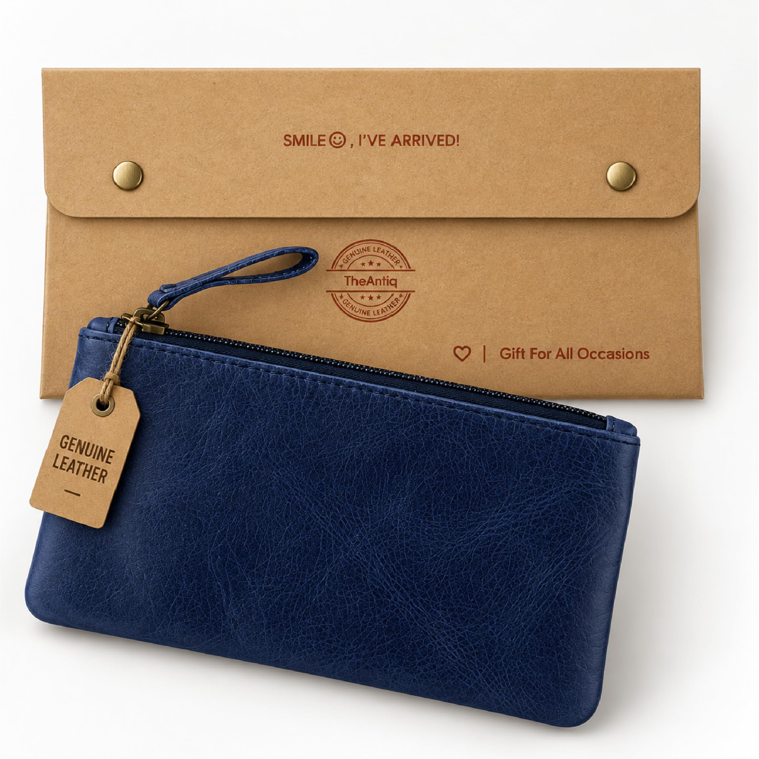 Blue Leather Pencil Pouch with Zipper - Slim Pen Holder (8" x 4" Inches), Coin Pouch &amp; Cash Holder, Genuine Leather Pencil Case, Money Organizer, Multipurpose Accessory Case for Men &amp; Women