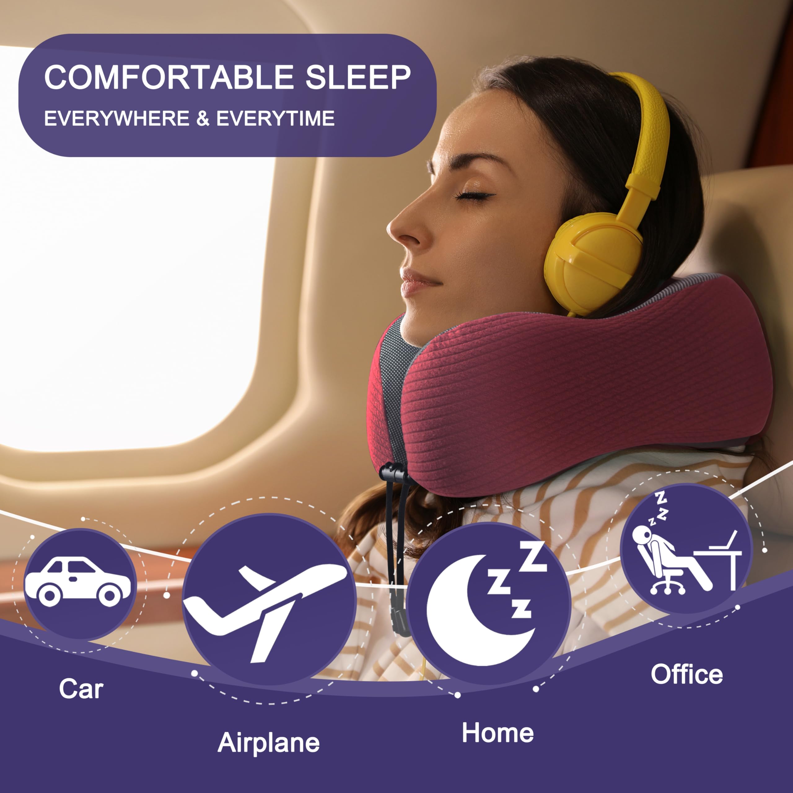 napfun Neck Pillow for Travel, Memory Foam Airplane Pillow, Burgundy view 6
