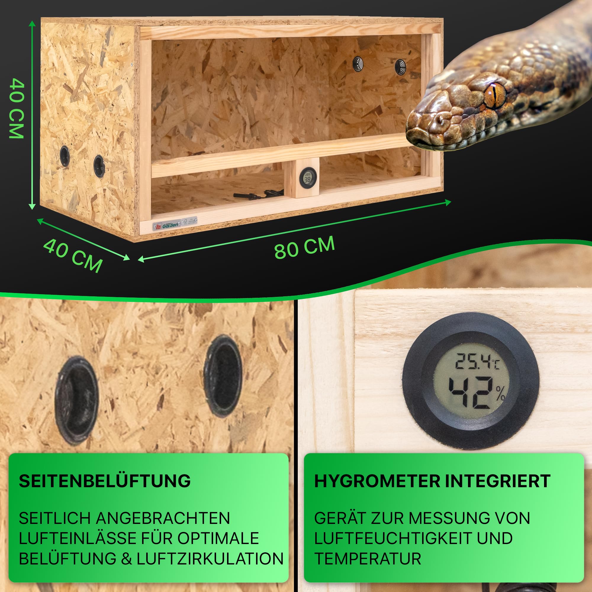 ITA Holz Terrarium 80x40x40 cm mit Seitenbelüftung & Integriertem Hygrometer - Holzterrarium aus OSB-3 Platten - Terrarien für Reptilien, Schlangen, Amphibien - EU Produkt, FSC Zertifiziert