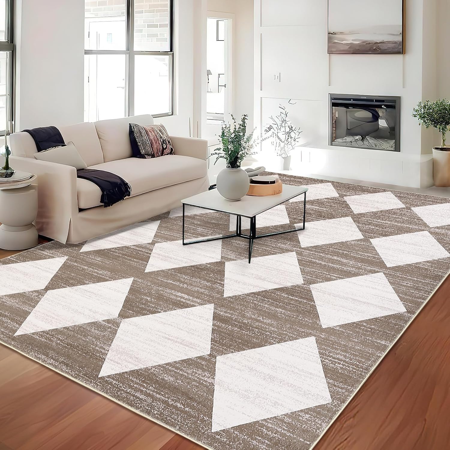 GlowSol 8x10 Rugs Washable Checkered Rug, Modern Neutral Living Room Rugs, Stain-Resistant Large Washable Plaid Carpet for Hardwood Floor Under Dining Table Bedroom Farmhouse Home Office,Brown Brown 8' x 10' (Rectangular)