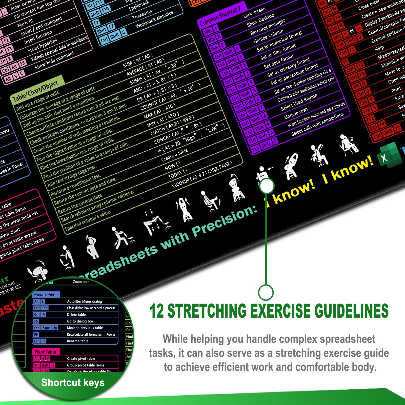 Excel Cheat Sheet Desk Mat, XXL Large Mouse Pad 40x90x0.3cm, Excel Shortcuts Mousemat - Gaming Mousepad, for Home Ofice Desks Computer Keyboard Laptop Protector Black Decor Accessories Gifts — view 4