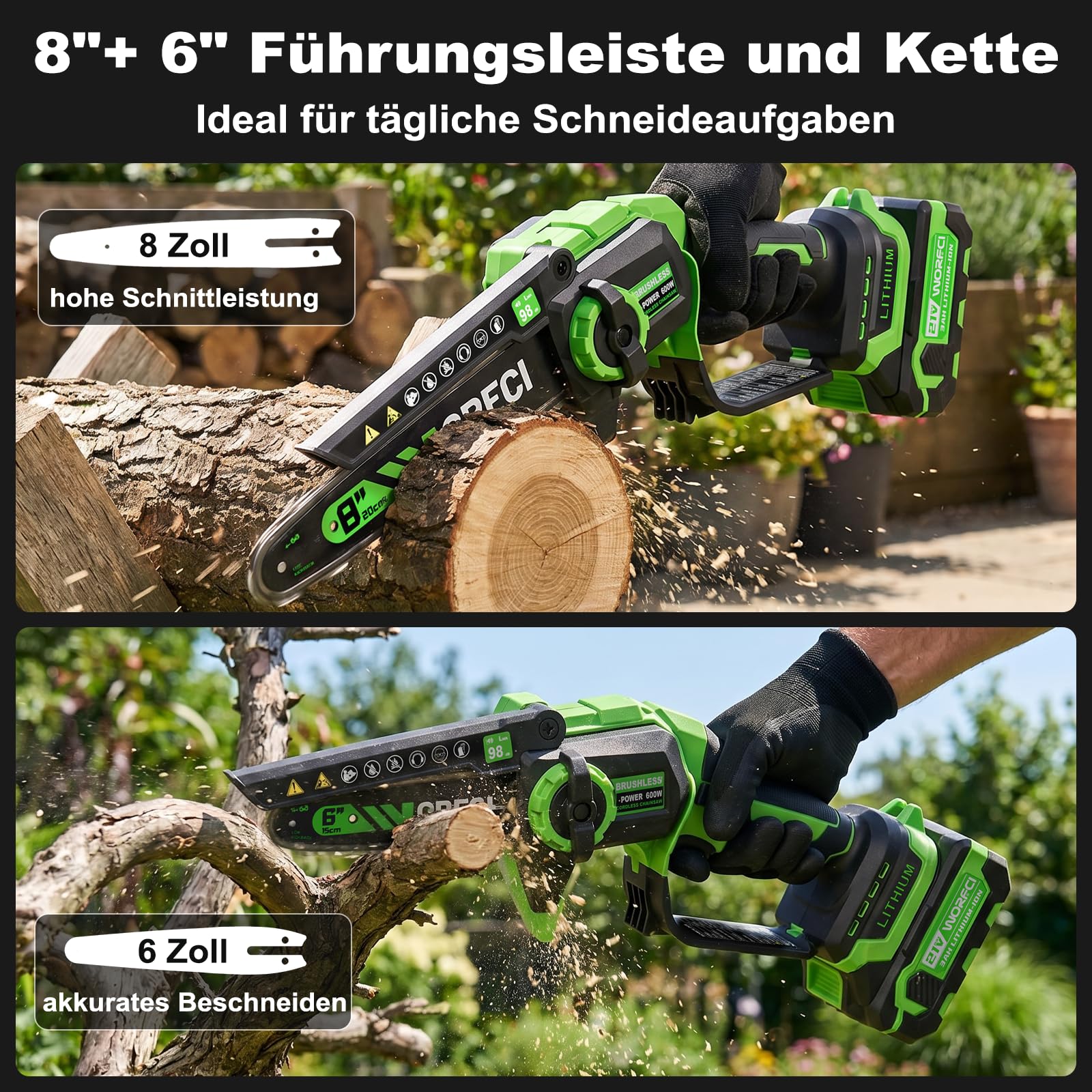 Mini 8-Zoll Akku-Kettensäge, 2 Akkus & Ladegerät, Bürstenlose Elektro Astsäge mit Automatischem Öler, Gartengerät zum Beschneiden von Holz und Bäumen