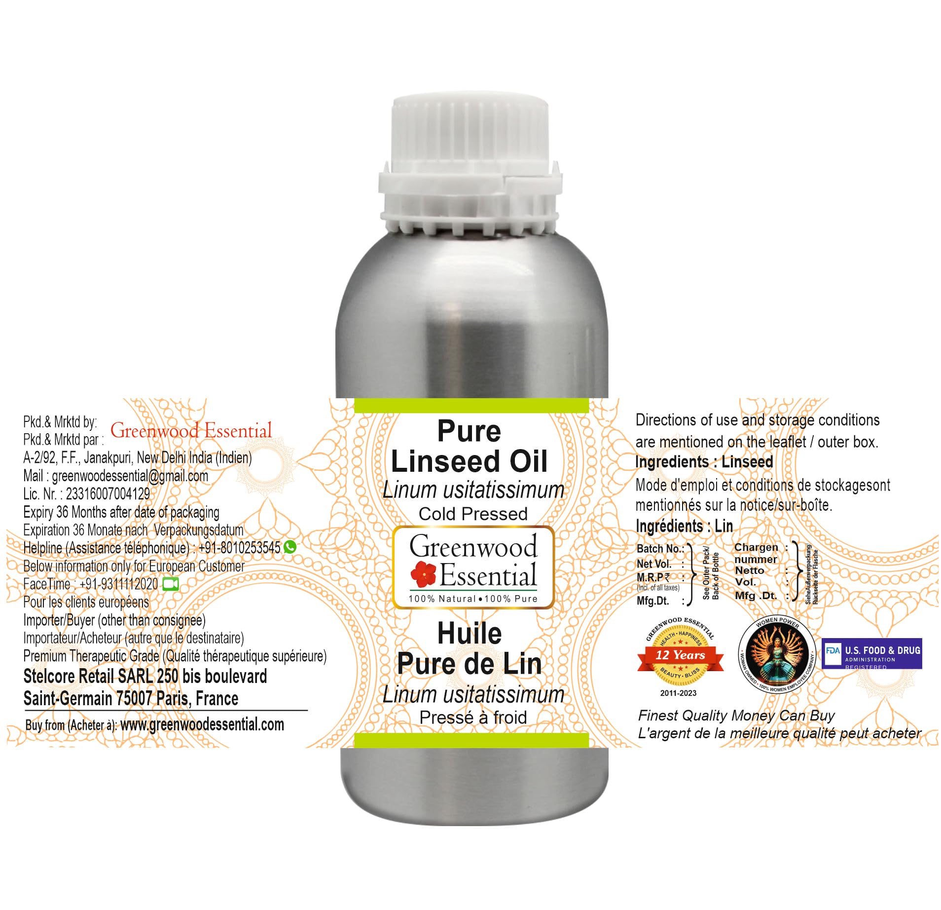 Greenwood Essential Huile de lin naturelle pure (Linum usitatissimum) pressée à froid 1250 ml