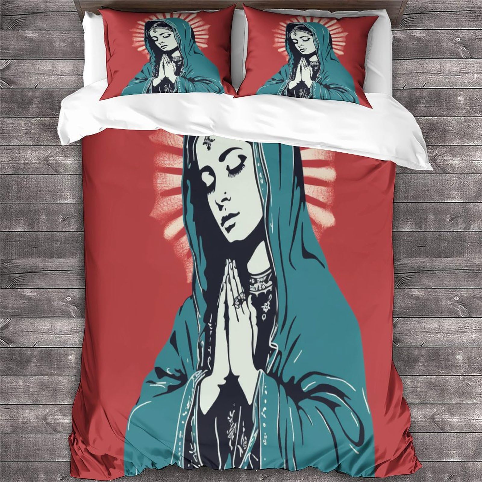 Juego De Cama 3 Piezas Con Virgen María | Funda Nórdica Y Fundas Almohada Microfibra | Cremallera Oculta Y Cintas De Sujeción | Tamaño Doble 200x200 Cm