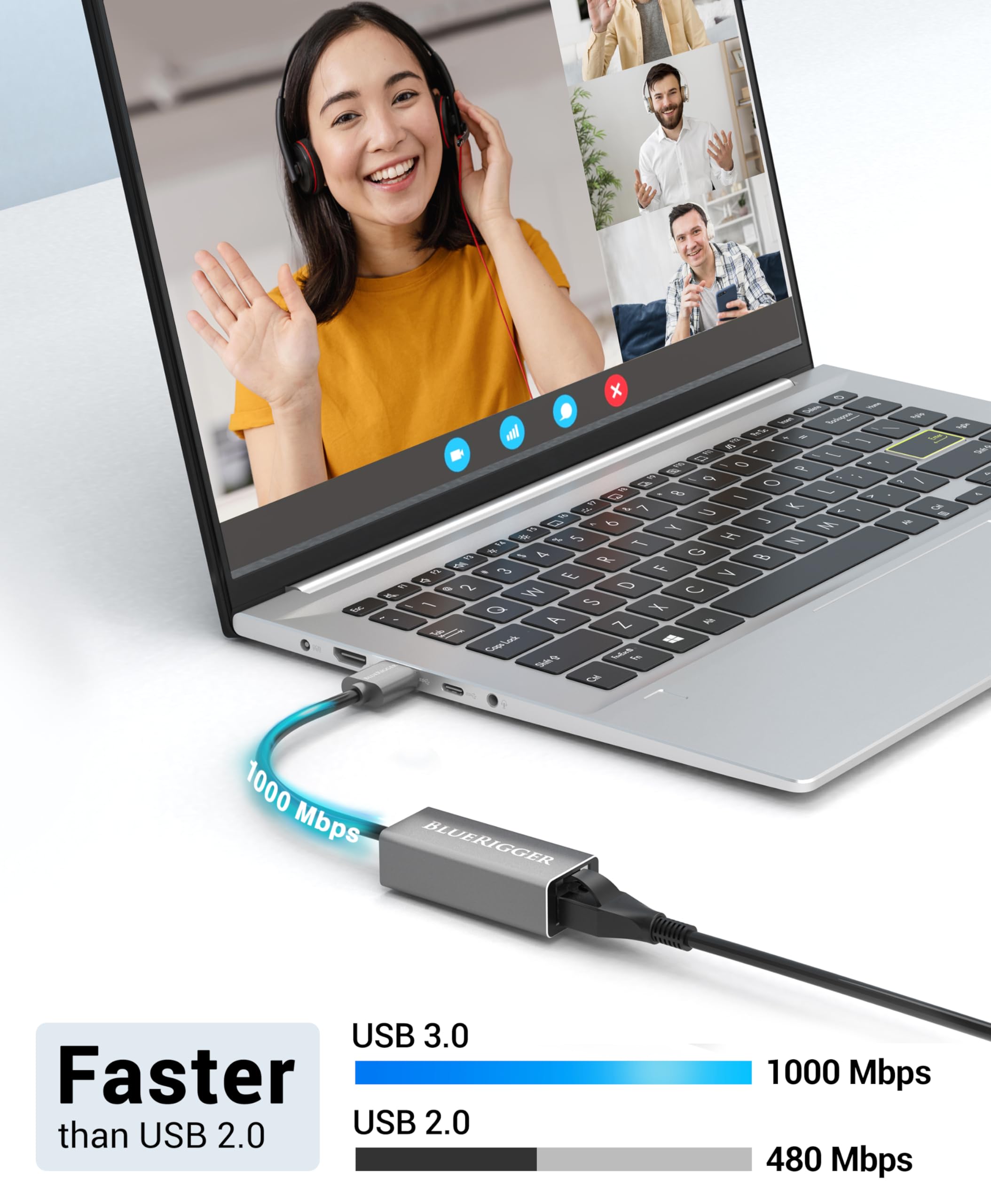 BlueRigger USB 3.0 to Ethernet Adapter (1000Mbps, Gigabit USB-A Ethernet Converter, RJ45 LAN Network Adapter) - Compatible with PC, Desktop, Laptop, Nintendo Switch Dock