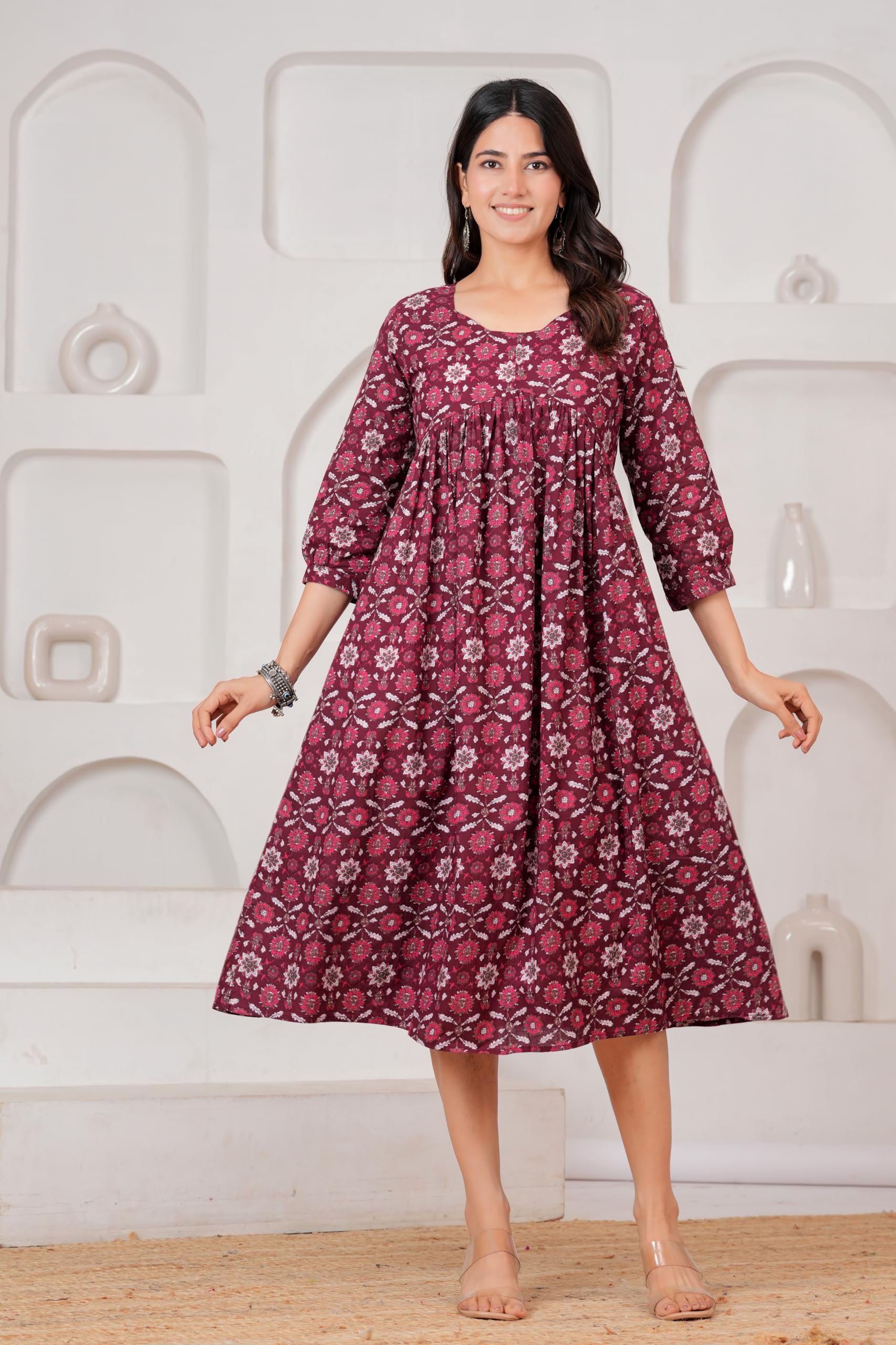 Women Cotton Anarkali Floral Printed Maternity Kurta Feeding Comfortable Kurta Zipper & Dress for Pregnant Women's Printed Feeding Dress for Women's.M Brown-image-6