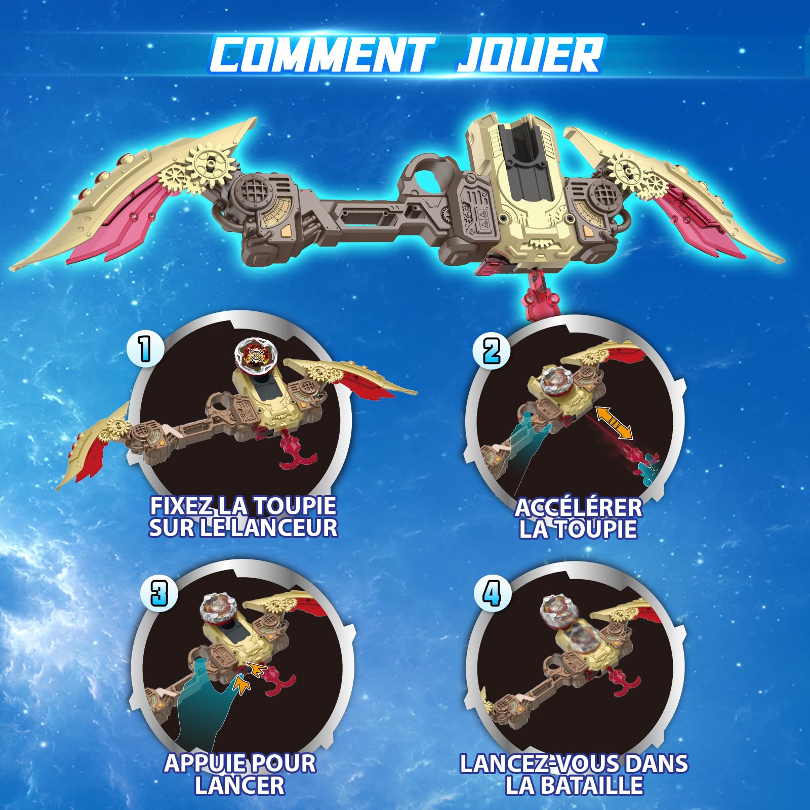 INFINITY NADO S7 Toupie avec Lanceur Arc Accélération Infinie, toupie métallique Type défense Rotation vers la Droite, Jouets pour garçons et Filles de 5+, kit de démarrage, Fiery Blast Wheel, Rouge