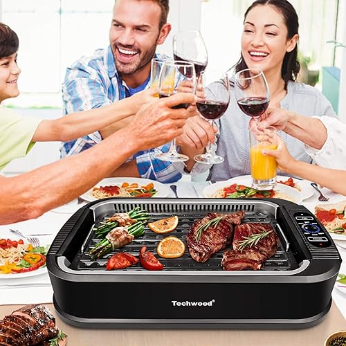Miniatura 6 de Parrilla para interiores, Techwood 1500W sin humo con tapa de vidrio templado, parrilla eléctrica compacta y portátil antiadherente con control de 6