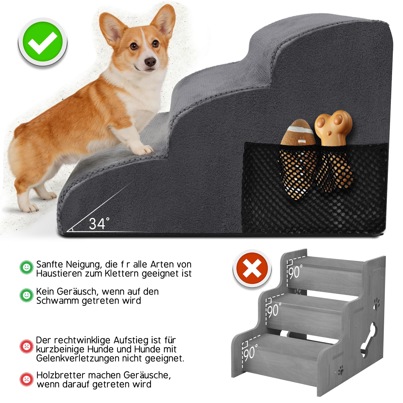 Haustiertreppe 3 Stufen, 30D Schaumstoff Hundetreppe bis 23kg, rutschfest & Waschbar, Tragegriff, Seitentasche, Gelenkschonend für Hunde Katzen, Einstiegshilfe Bett Sofa Auto, Grau 60x40x40cm
