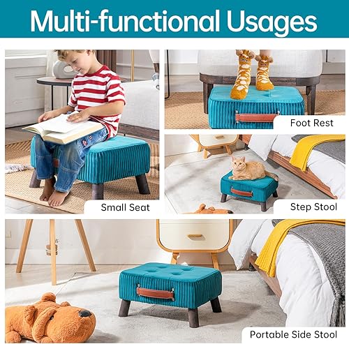 Miniatura 4 de Taburete pequeño otomano, reposapiés otomano rectangular de terciopelo verde azulado, taburete de noche con patas de madera, taburete rectangular