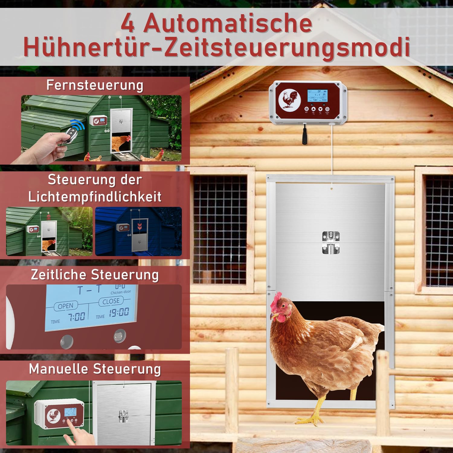 Batería automática de aluminio de 7,8 W con pantalla LCD, temporizador, sensor de luz, mando a distancia, protección contra pinzamientos, puerta automática para gallinero