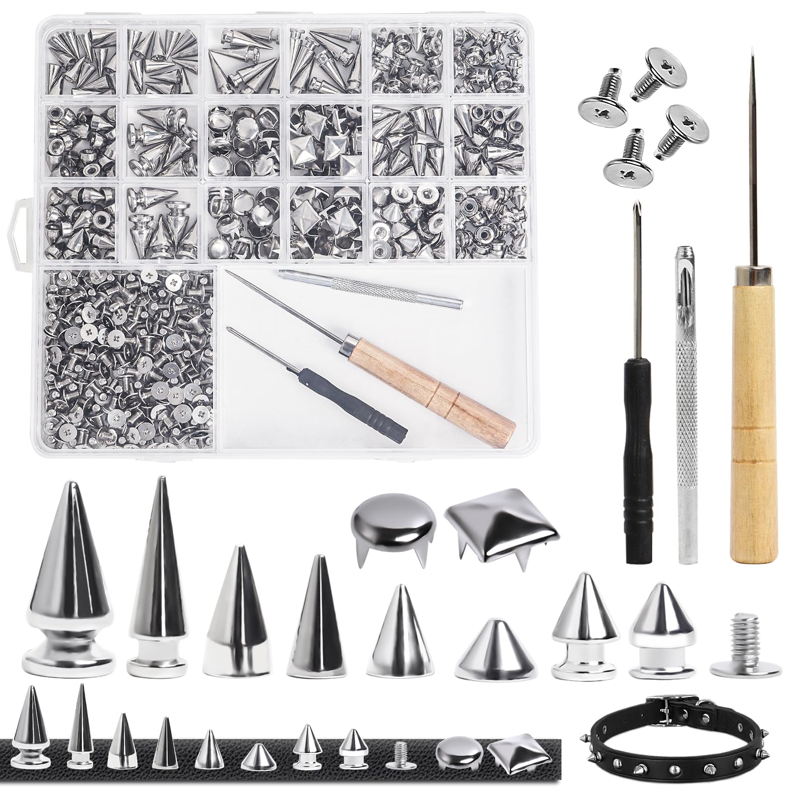 SBYURE 550 Pieces Punk Studs and Spikes Kit,8 Size Punk Spikes and Square/Round Pyramid Studs for Clothes, Spikes for Crafts Punk Style, Included 3 Pack Tools