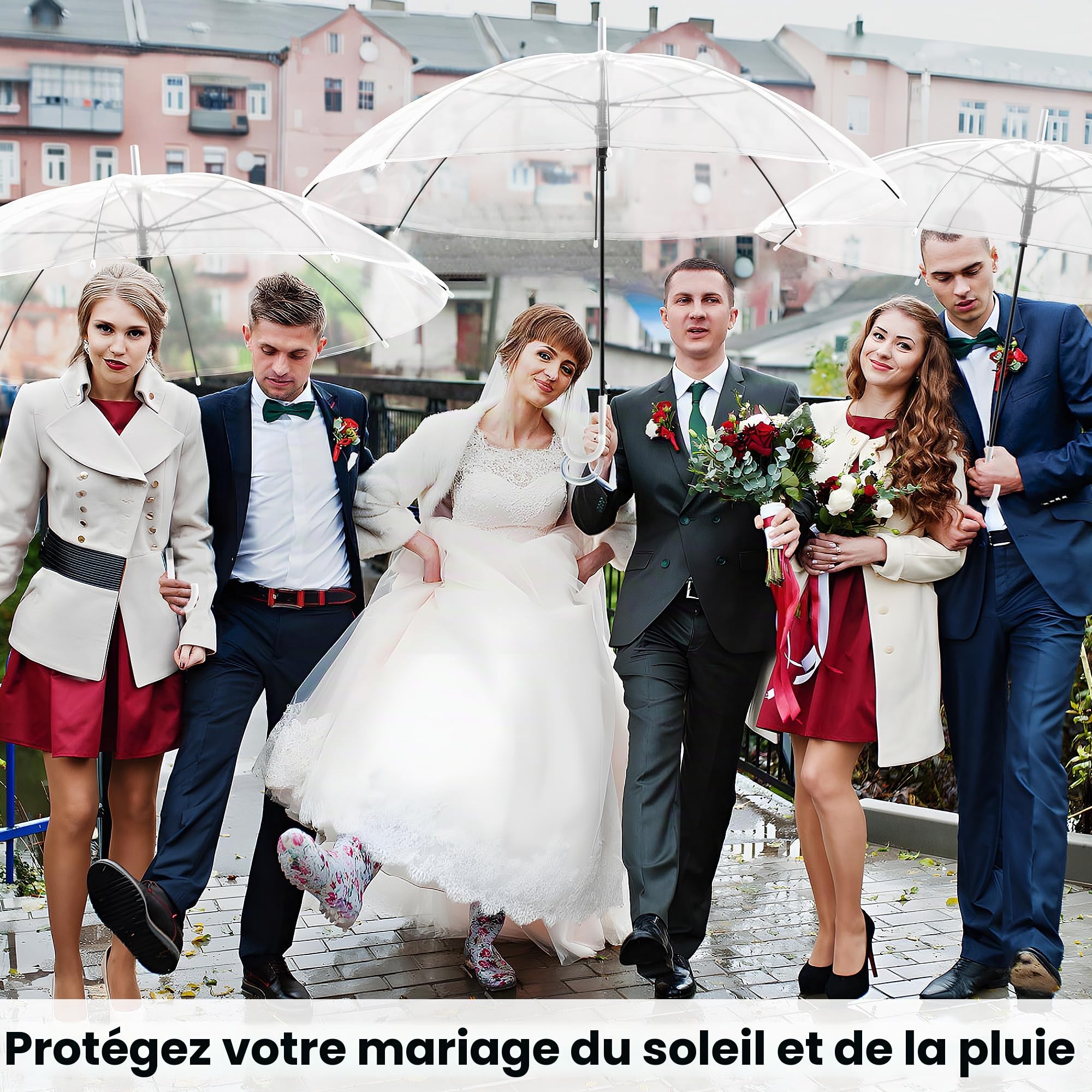 Nisorpa Lot de 10 parapluies transparents pour mariage, 94 cm, dôme transparent blanc avec poignée semi-automatique, pour femme, homme, mariée, demoiselle d'honneur