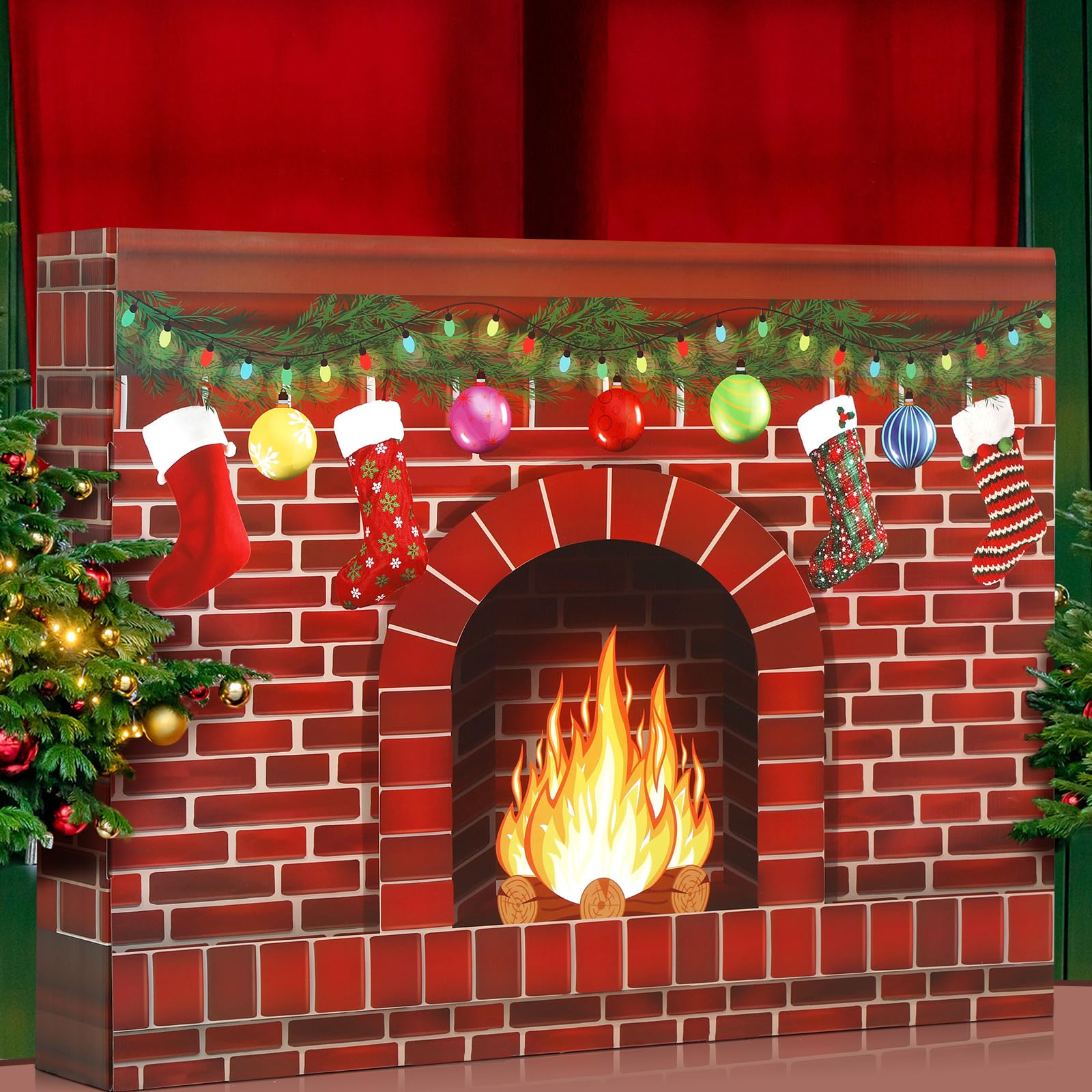 Colarr Christmas Fireplace Cardboard Giant Red Brick Fireplace Cardboard 3D Campfire Fake Centerpiece for Christmas Party Background Decor, 36.7 x 28 x 7 Inches