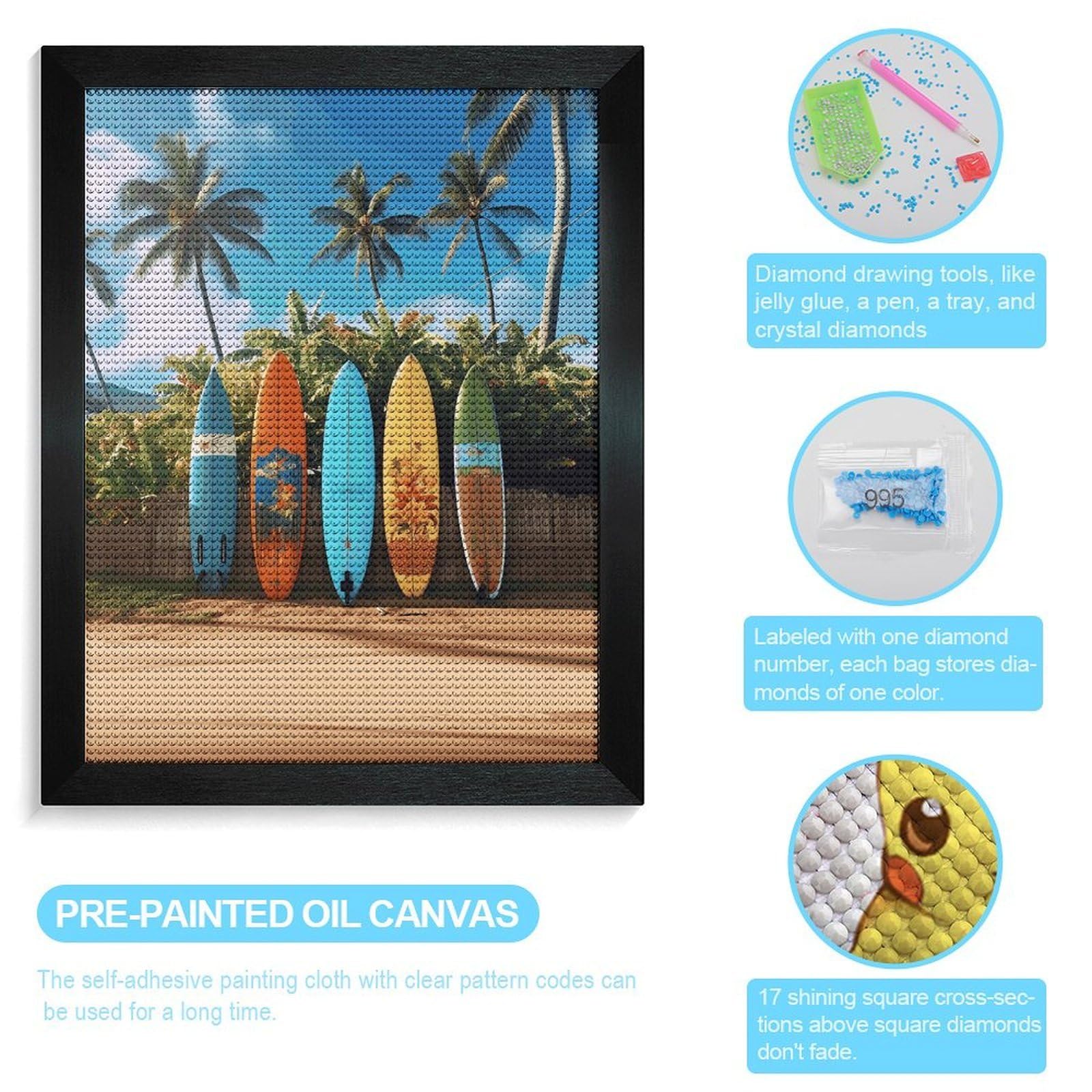 VIDI Surf's Up Surfboard 5D-Diamant-Malerei-Set für Erwachsene, groß, zum Selbermachen, runder Bohrer, Diamantkunst mit Rahmen, Anfängerfreundliches Handwerk, Edelsteinmalerei für Stressabbau