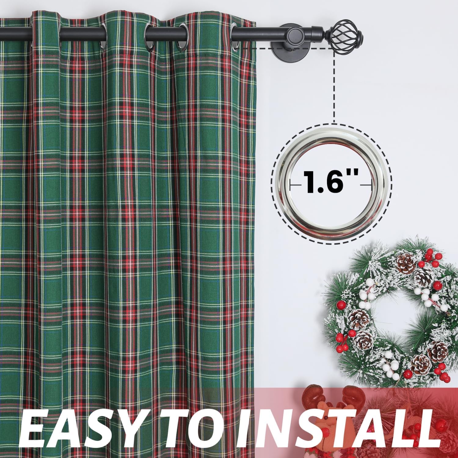 Plaid Curtains 2 Panels Vintage Red and Green Semi Blackout Window Curtains Bedroom Living Room Holiday Decor, 52x63in