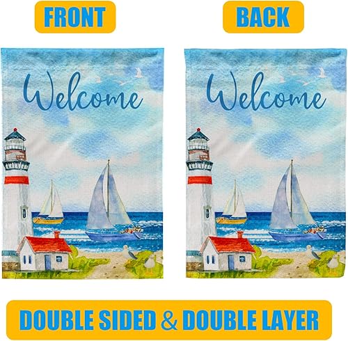 Miniatura 4 de Bandera náutica de jardín con faro de bienvenida, perfecta para tus decoraciones colgantes al aire libre, arpillera de doble cara de 12 x 18 pulgadas