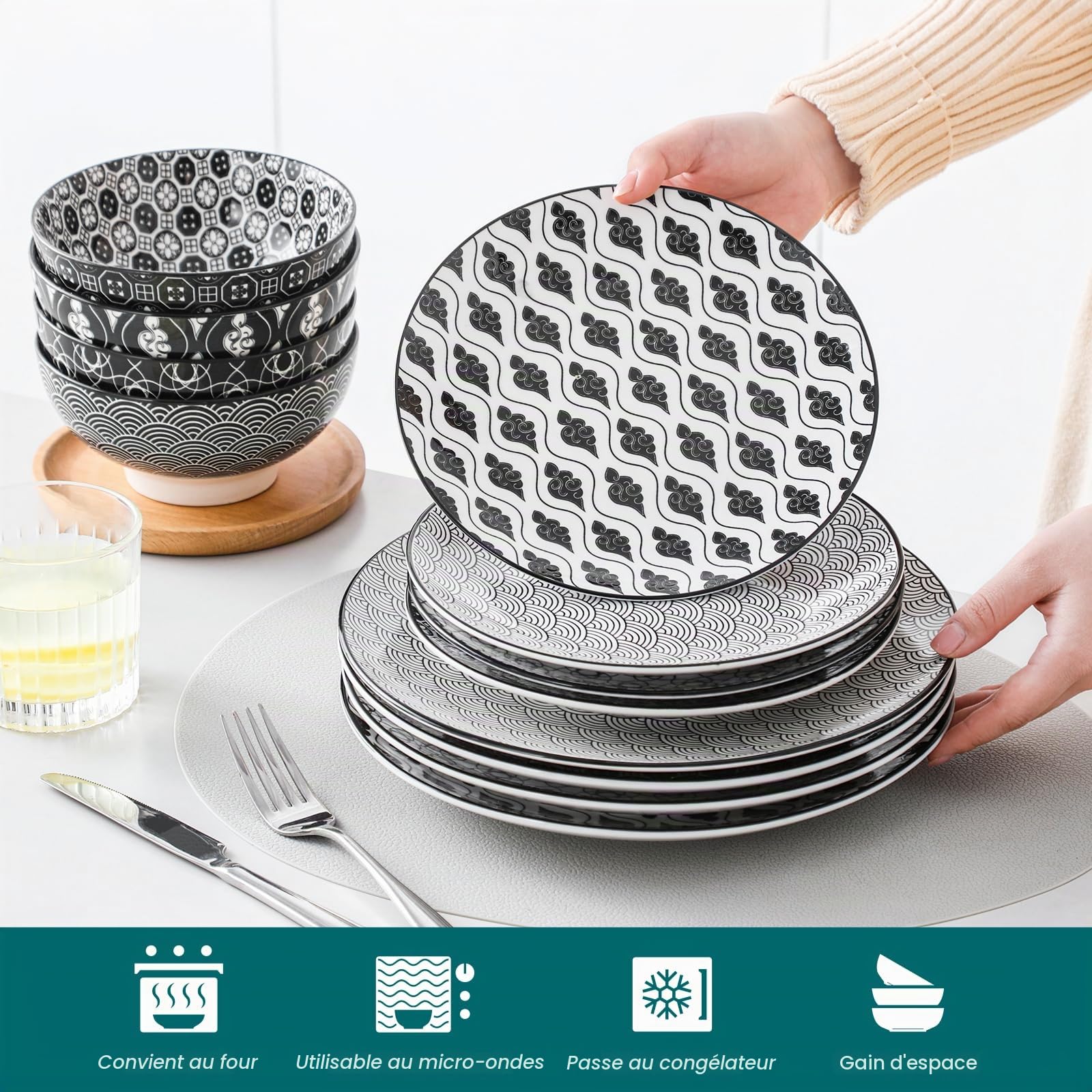 Vancasso, série Haruka, 32 pièces, pour 8 personnes, 8 * assiette plate, 8 * assiette à dessert, 8 * bol céréal, 8 tasses, en porcelaine, style japonais