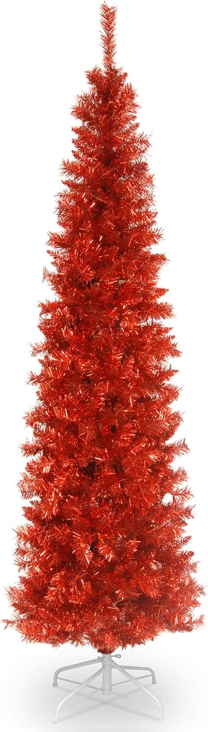 National Tree Company Artificial Christmas Tree, Red Tinsel, Includes Stand, 6 feet Red Christmas Tree