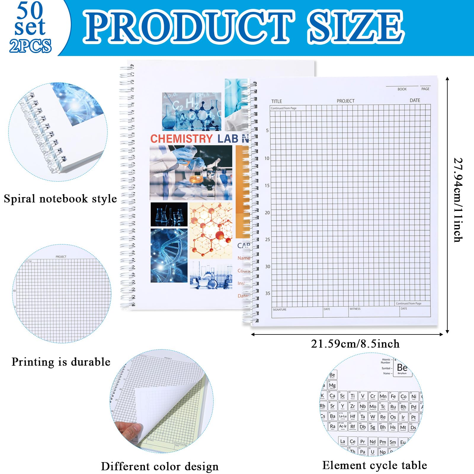 gisgfim Paquete de 2 cuadernos de laboratorio de química autocopias de carbono, cuaderno de laboratorio estudiantil, 8.5 x 11 pulgadas, 50 juegos de páginas, 100 hojas en total, páginas de cuadrícula