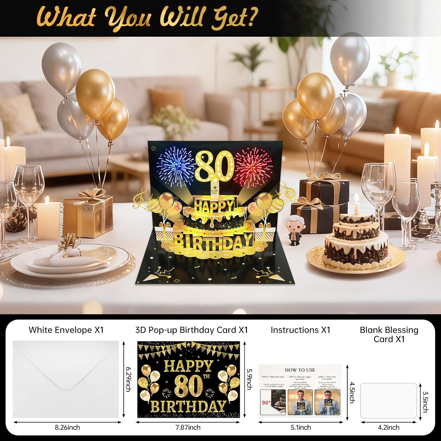 Eiurteao Pop Up 80th Birthday Cards for Men Women - Firework & Music & Blowable Candle Lights 3D Cake, Funny Black Gold Happy 80 Birthday Card Gifts for Dad, Mom, Husband, Wife, Son, Friend - Image 4