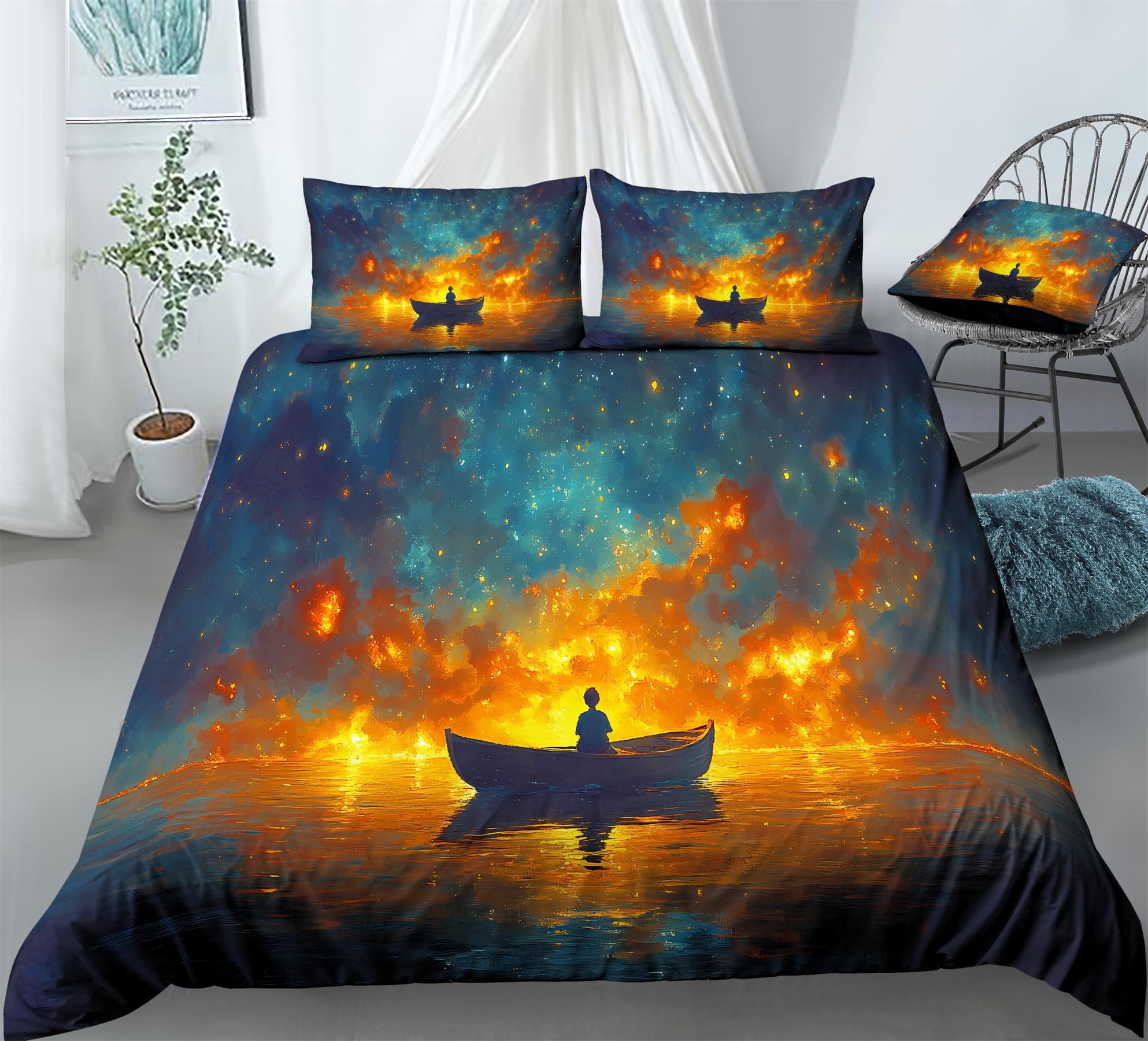REALIN Galaxy Cosmic Print Duvet Cover Set Night Sky Starry Sky Themed Bedding Girl Boy Kids Bed Sets 3/4PCS Quilt Covers/Sheets/Pillow Shams,Twin/Full/Queen/King (A,Full-200x229cm-3PCS)