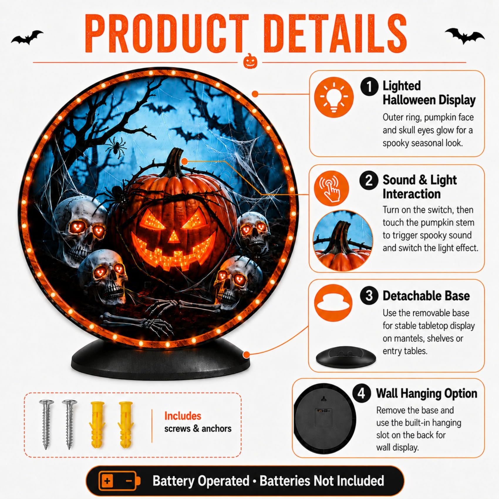 Decoraciones de Halloween iluminadas que funcionan con pilas, decoración de calavera de calabaza de Halloween con efectos de luz y sonido, decoración LED espeluznante para colgar en la mesa o en la