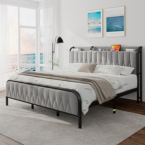Miniatura 7 de iPormis Base de cama de metal tamaño King con estación de carga, cabecera y estribo de terciopelo, soporte de acero resistente, almacenamiento