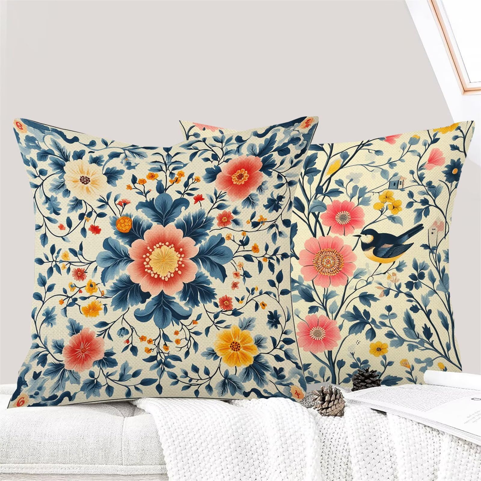 Juego de 4 Fundas Cojines Rural Flores (12) 75 x 75 cm Fundas Cojines, Decoración Moderna Cojin Exterior, para Sofá salón Coche Cama Sillas Decoración, Cuadrado Terciopelo Sofá Cojín Exterior m-482