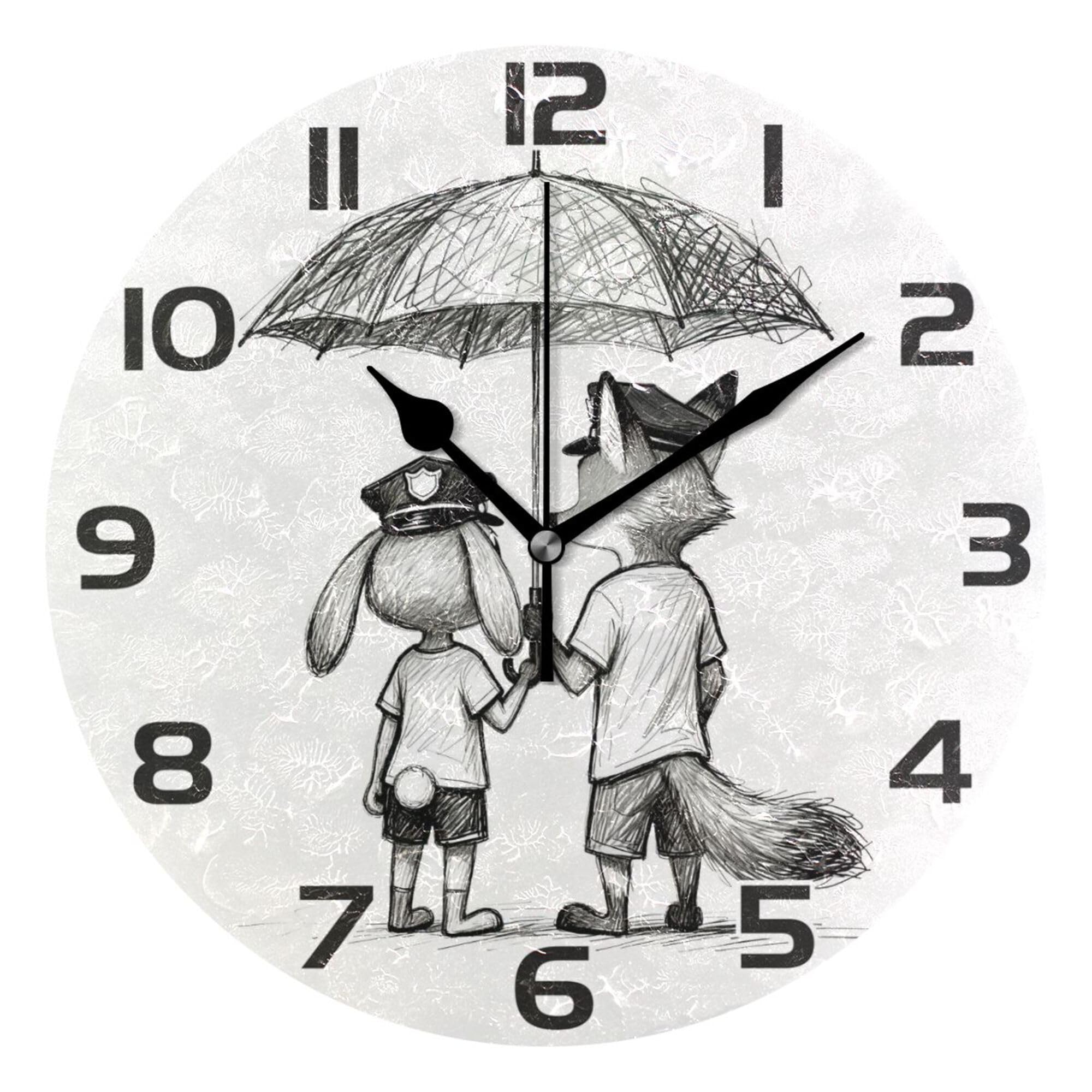 Horloge murale sans tic-tac lapin et renard pour le salon et l'école
