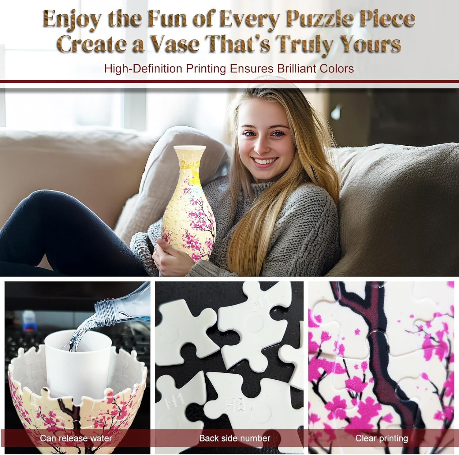 3D Puzzle Vase Unique Flower Vase，Made by 160 Curved Plastic Puzzle Pieces House Warming Gift for Flower Arrangements and Home Decoration