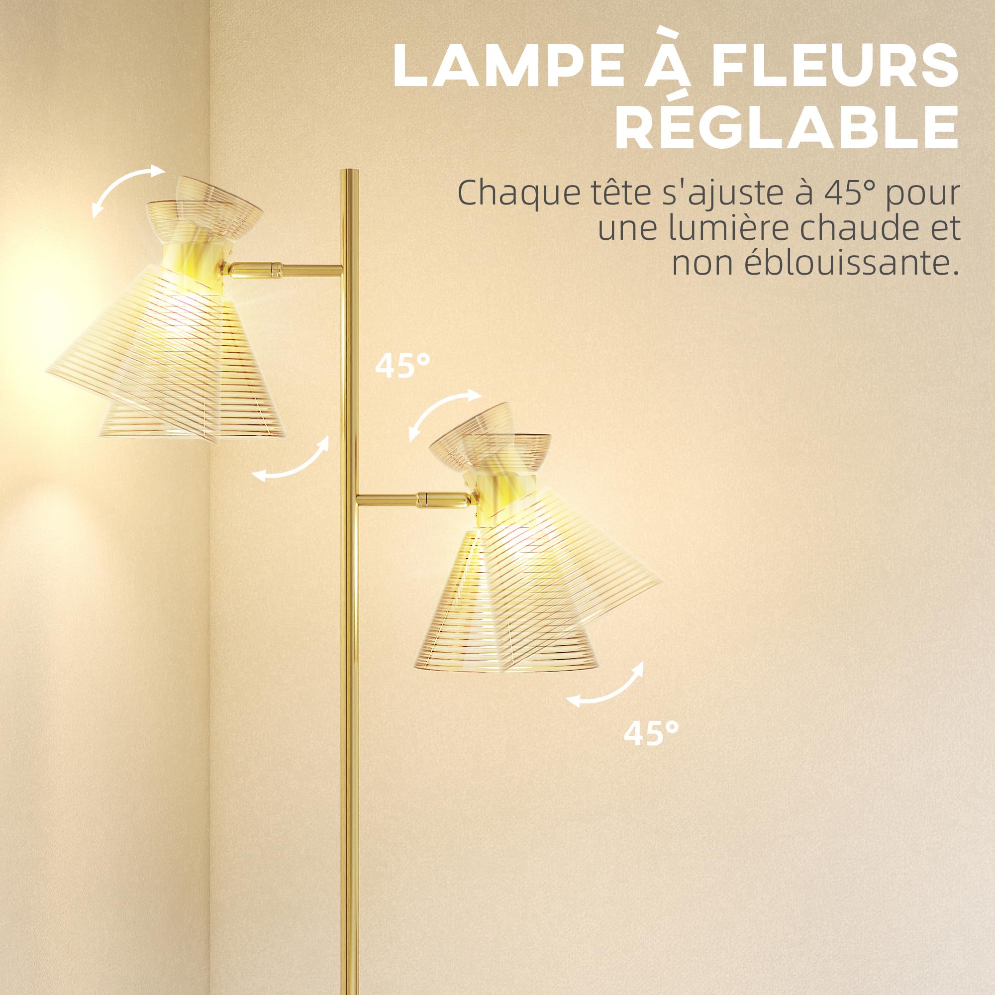 HOMCOM Lámpara de pie de salón con doble cabezal regulable, moderna lámpara de pie con pantalla de cristal floral, casquillo E27, para salón, dormitorio, estudio, bombilla no incluida, dorada