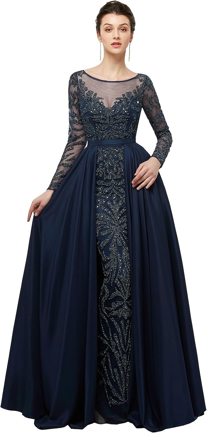Women's Scoop Beadings Long Sleeves Satin Evening Dress