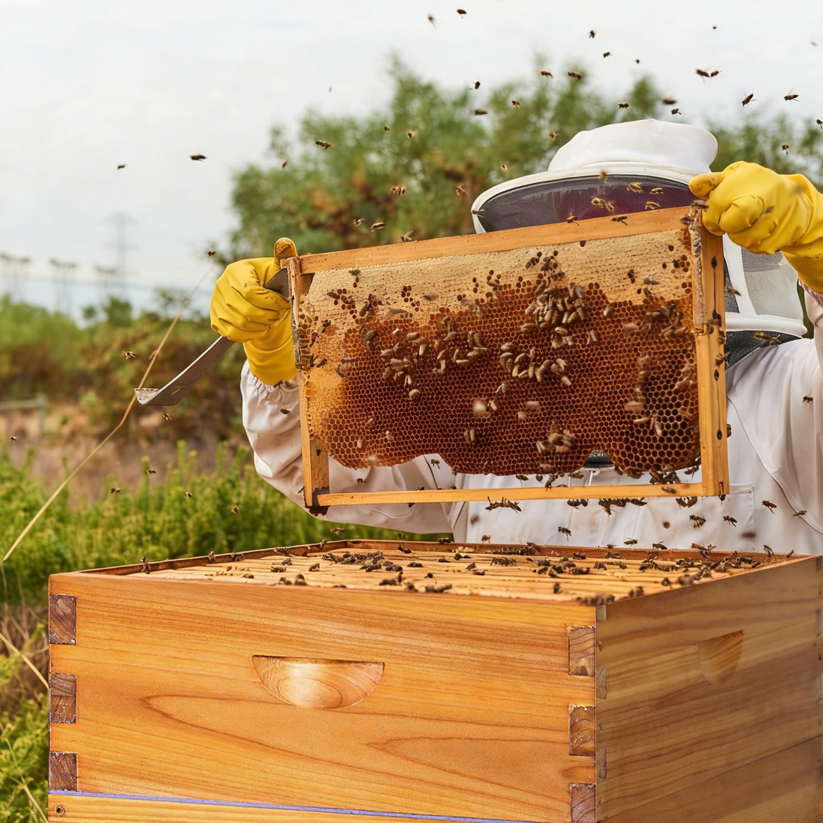 Kit Completo de Colmena de Abeja de 8 Marcos con Revestimiento de Cera de Abeja, Incluye Marcos y Hoja de Base para Todos los Niveles de Apicultura (1 Caja Profunda y 1 Mediana de Abeja)