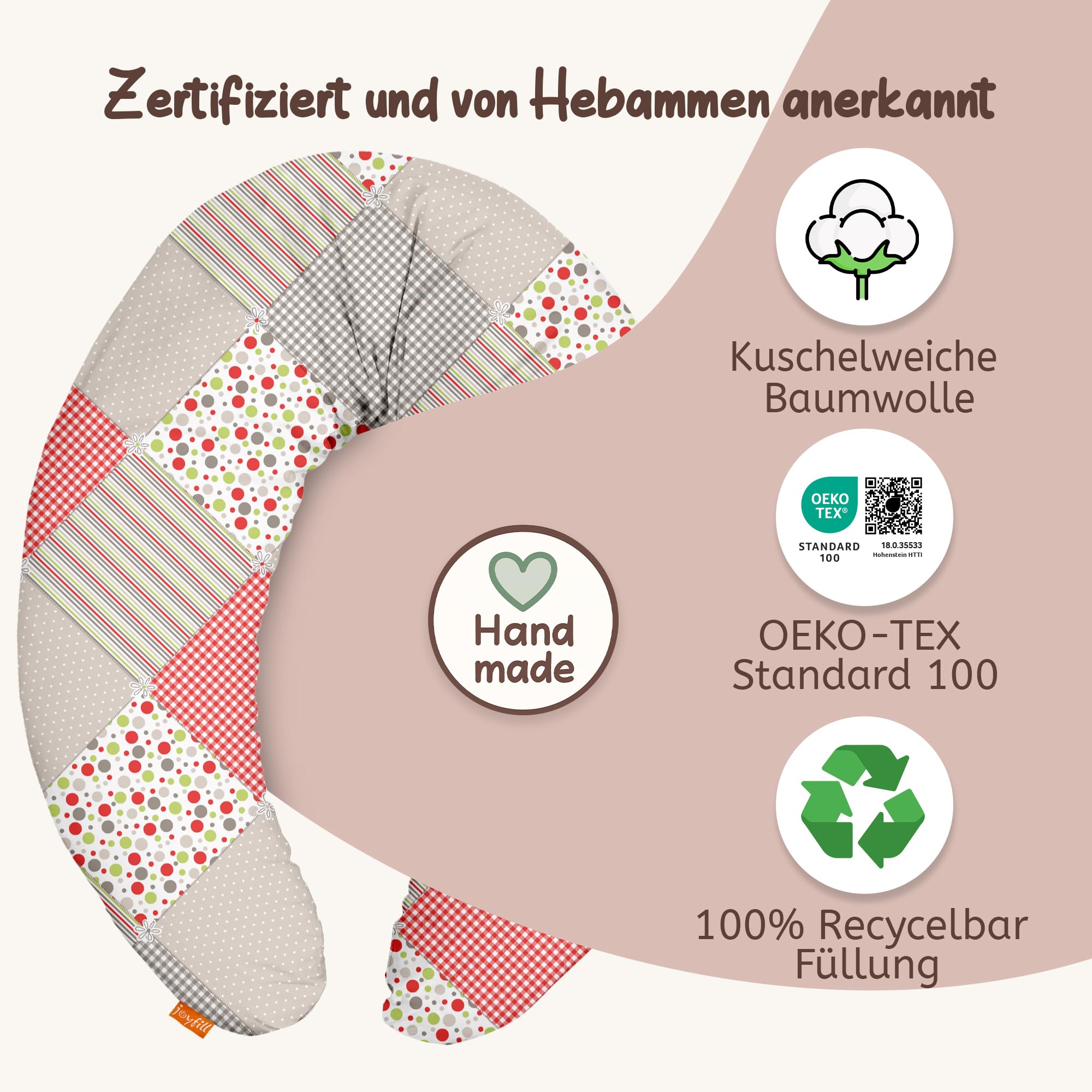 joyfill® Stillkissen Mikroperlen 190cm I Schwangerschaftskissen - Made in Germany I Ideal zum Schlafen & Stillen Dank Flüsterleiser & Bequemer Füllung (Patch, Stillkissen 170)