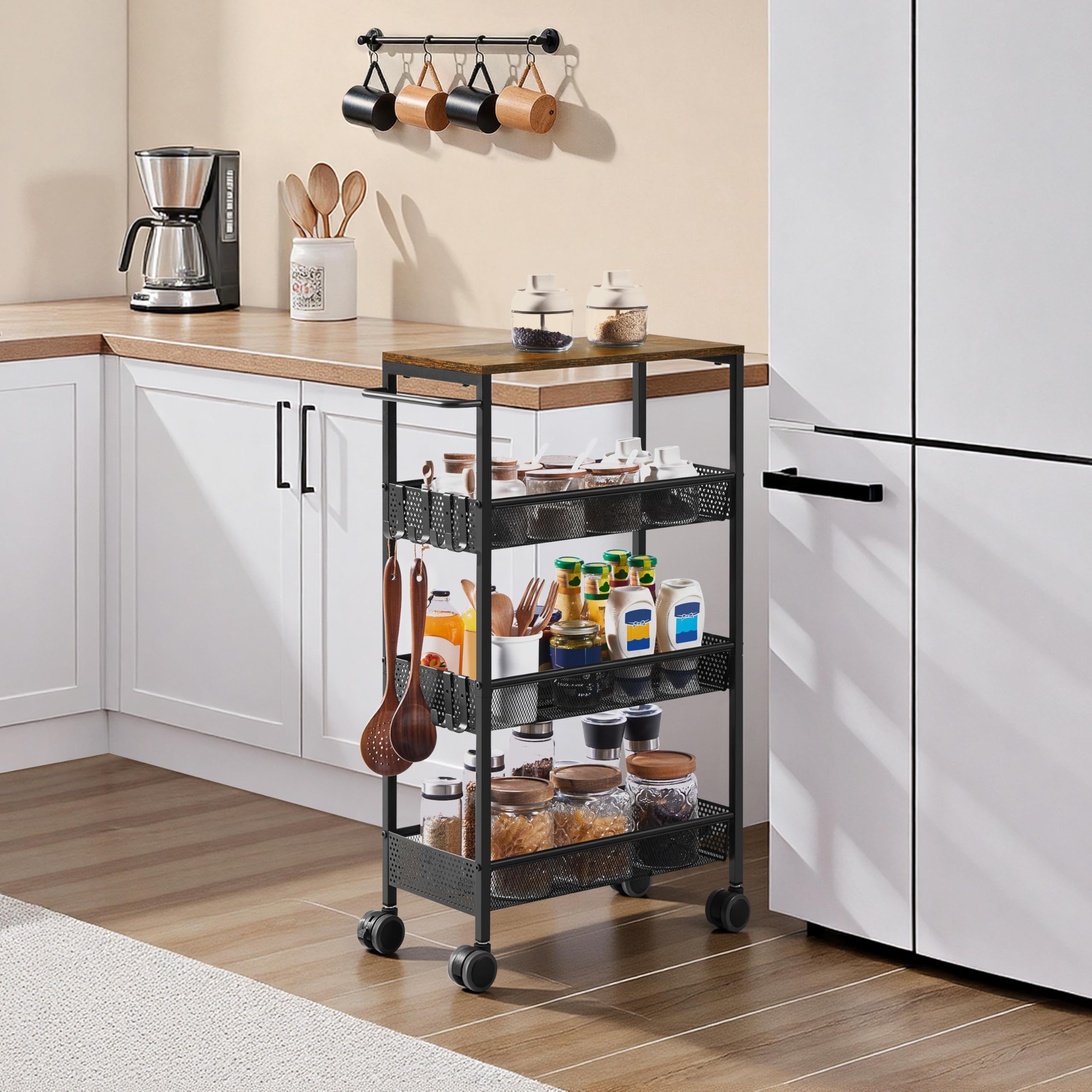 Yaheetech Chariot Rangement de Cuisine à 4 Niveaux, Dessert sur roulettes, Étagère de Rangement en Métal pour Cuisine/Salon/Salle de Bain, 50 × 22 × 79 cm, Style Idustriel, Brun Rustique