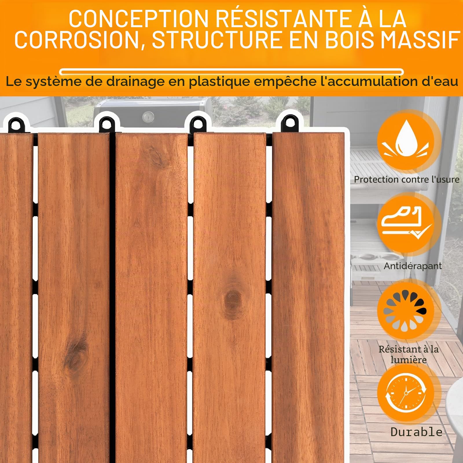 Lot de 11 dalles en bois d'acacia - 6 lattes - 30 x 30 cm - 1 m² - Pour balcon, jardin et terrasse - Simples, rapides et pratiques