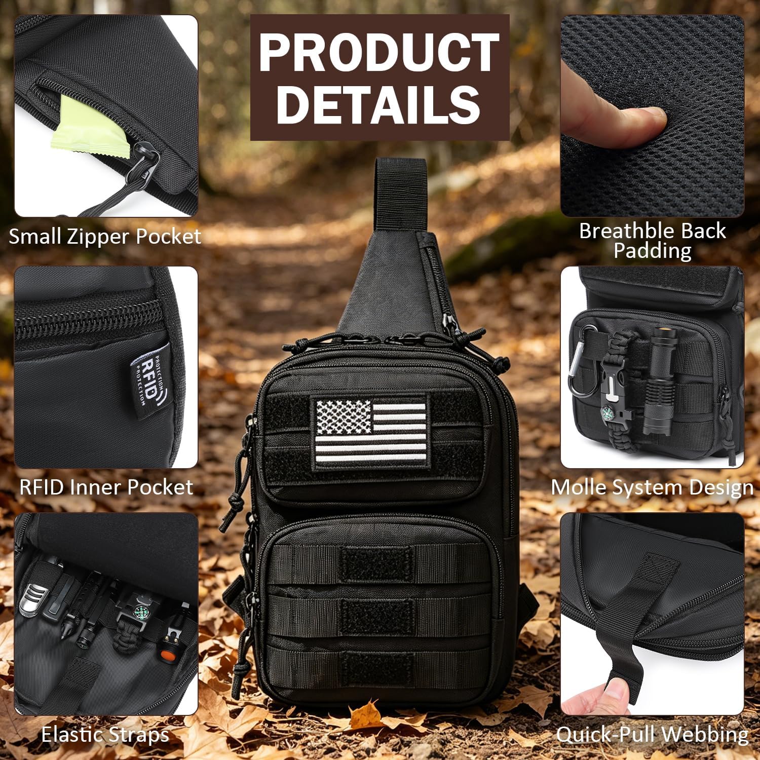 Tactical Sling Bag Backpack - RFID Blocking Crossbody Shoulder Bag for Men, Military EDC Sling Pack for Outdoor Travel Work Every Day Carry, Father's Day Gif, Black