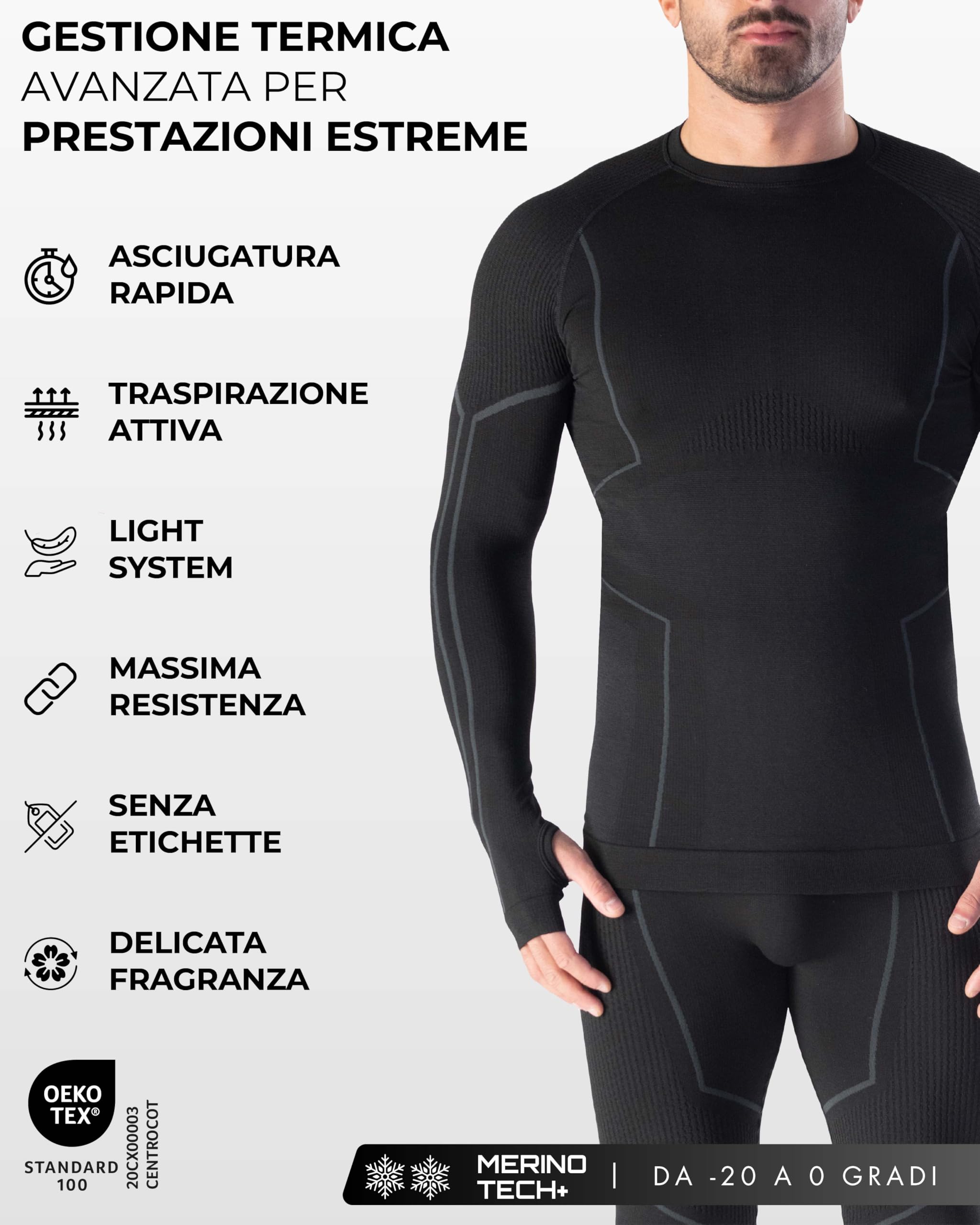 Risalti Maglia Termica Uomo Manica Lunga Merino Tech - Maglie Termiche Uomo a Compressione in Lana Merino, Intimo Termico Uomo Invernale, Termica Uomo Senza Cuciture - Made in Italy
