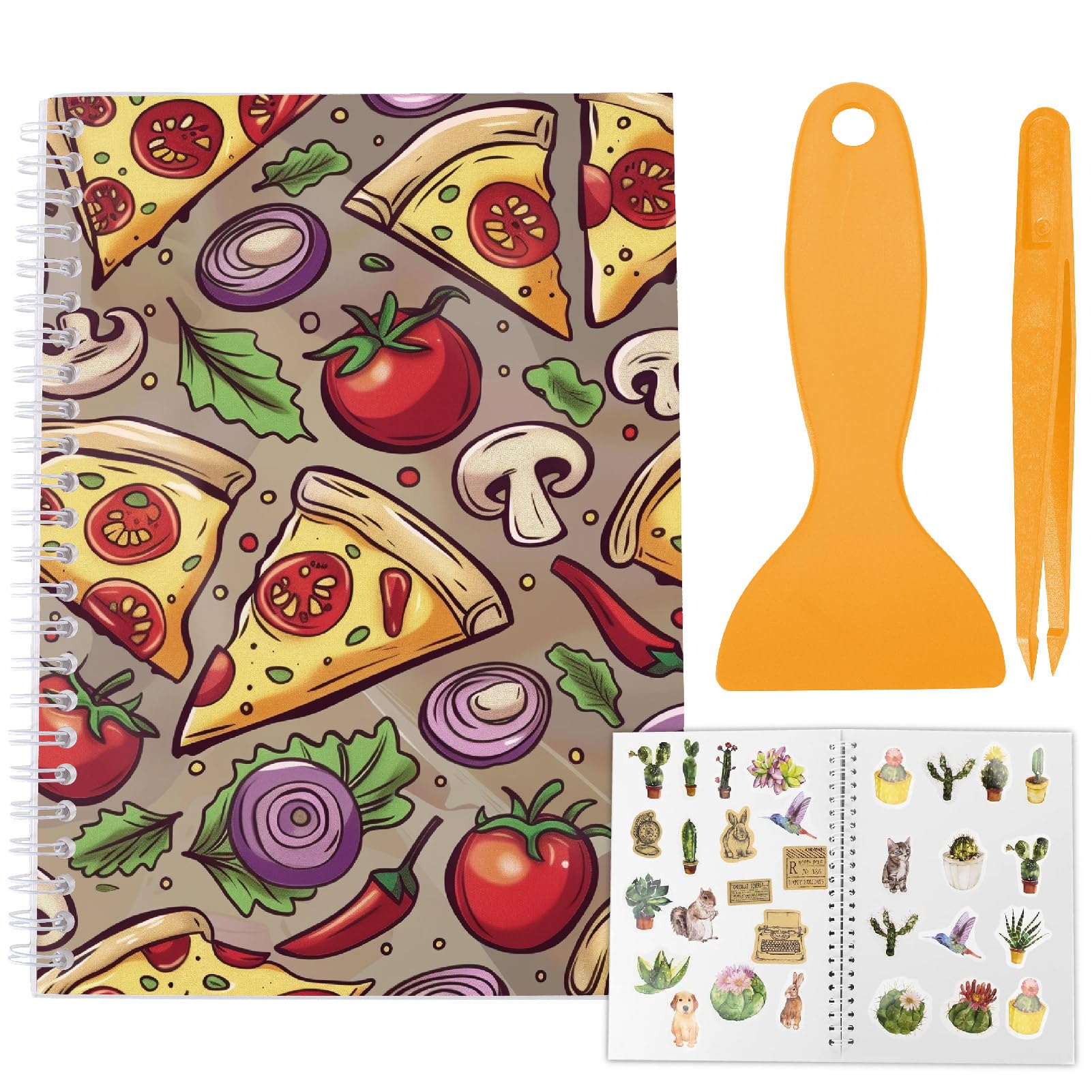 CRASPIRE Reusable Sticker Book Collecting Album A5 Size 40 Sheets Sticker Collection Storage Keeper Book Pizza Vegetable Cover for Adults Release Paper Stickers Saver Organizer with Tweezer Scraper