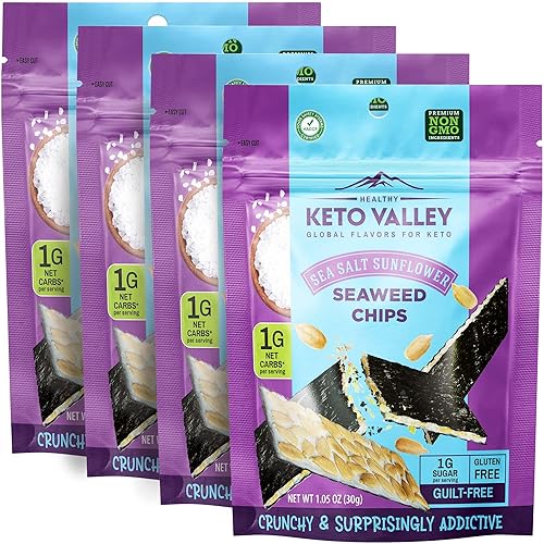 Keto Valley Bocadillos de algas marinas 0.04 oz de carbohidratos netos Girasol de sal marina Chips bajos en carbohidratos aptos para dieta