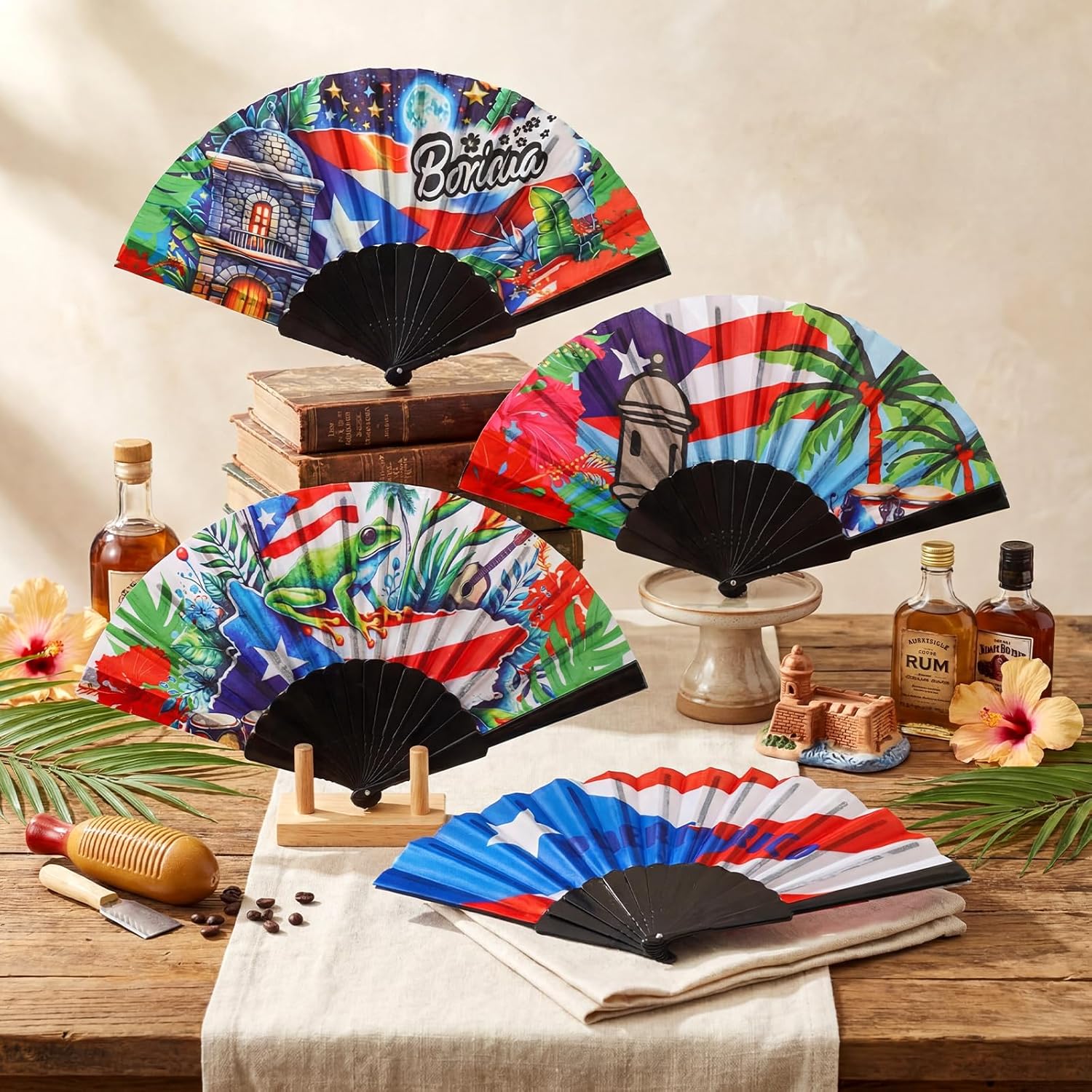 Puerto Rican Gifts Fabric Puerto Rico Flag Hand Fans Bulk Tropical Island Flag Backdrop Night Moon Castle Flowers Caribbean Culture Handheld Fan for Rico Party Decoration(12 Pcs,Classic)