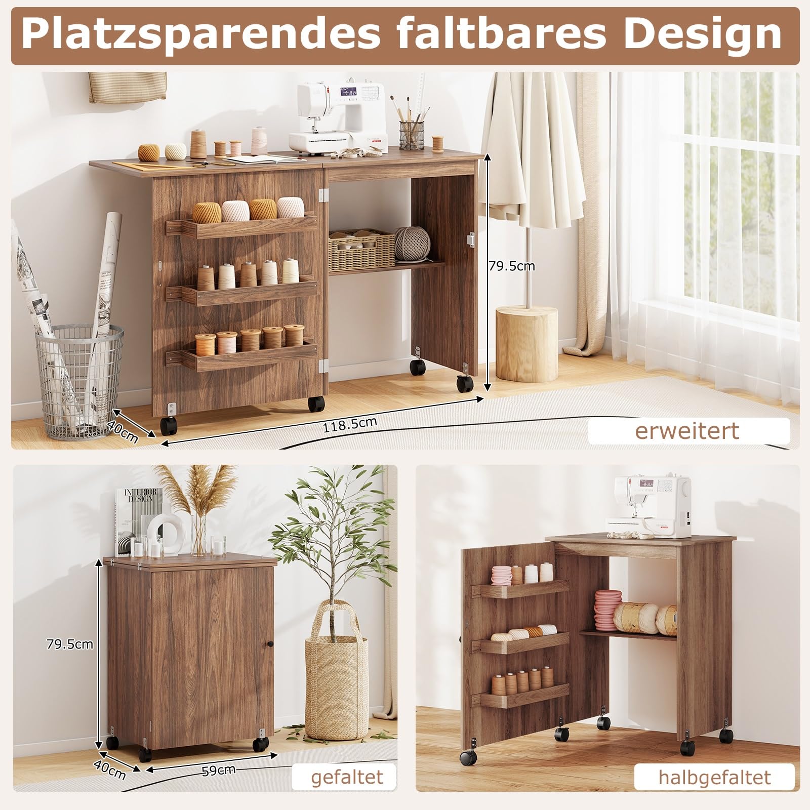 GIANTEX Nähtisch klappbar, Nähmaschinentisch auf Rollen, Nähtisch für Nähmaschine, Nähschrank Holz, Mehrzwecktisch für Wohnzimmer Arbeitszimmer Schlafzimmer (braun)