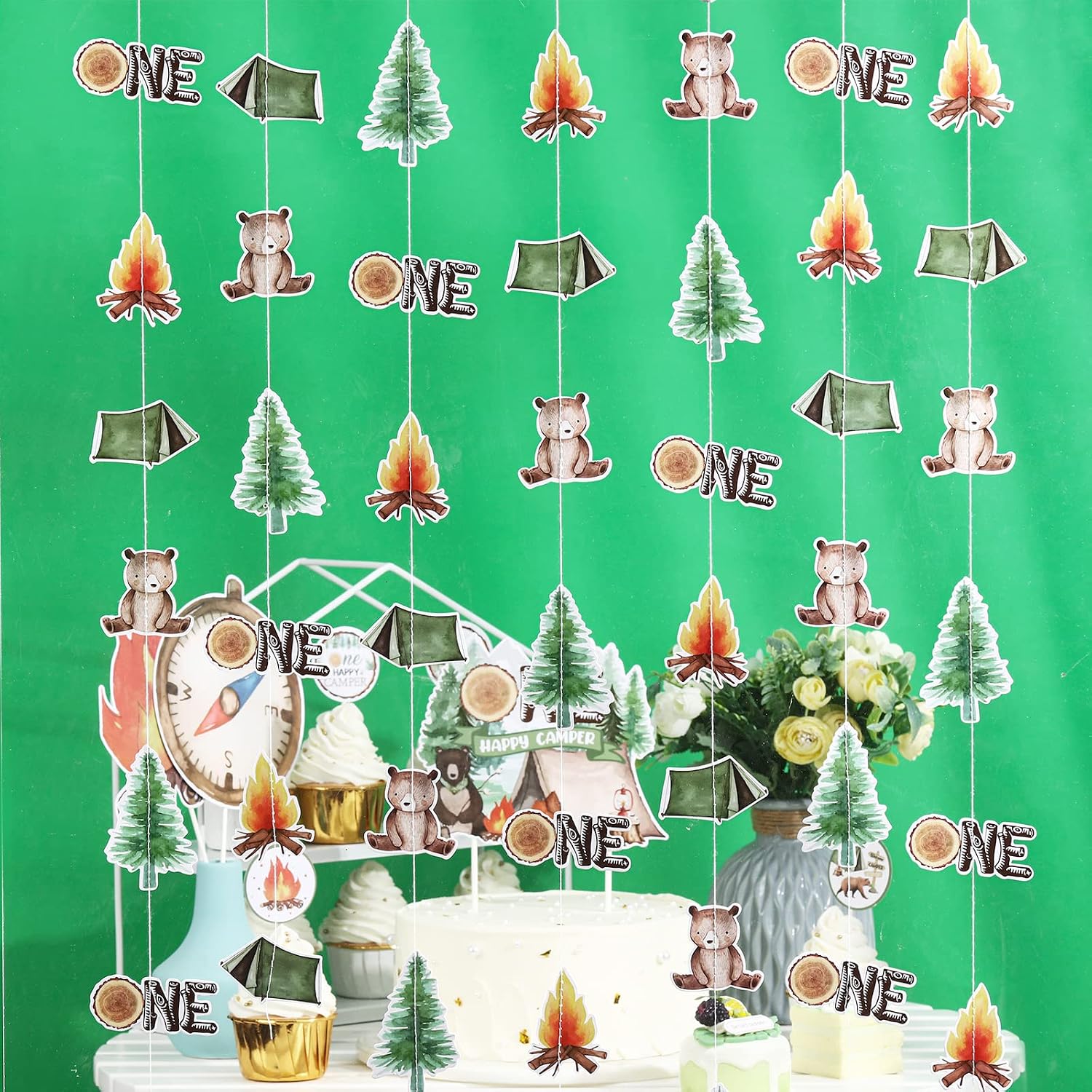One Happy Camper Birthday Decoration Camping 1st Birthday Hanging Garland Camping Themed Party Hanging Swirls for Boys Girl Wild Safari Jungle Party Decor for S'More Campfire Baby Shower Bday