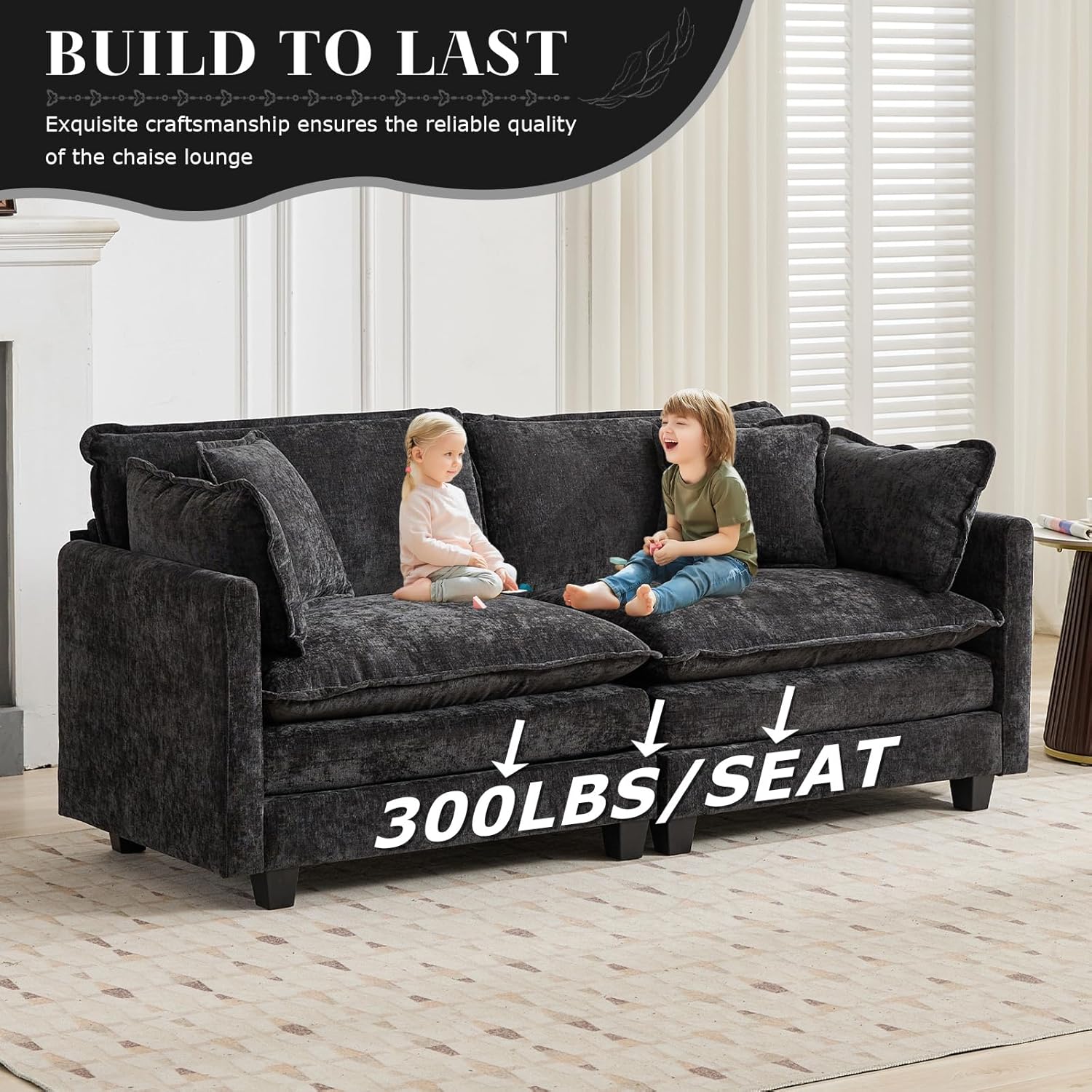 SoarFlash Chenille 77.95" Sectional Sofa, Comfy L Shaped Modular Coush Sofa with Ottoman, Modern 2 Seat Couch Deep Seat Sofa Set for Living Room,Black