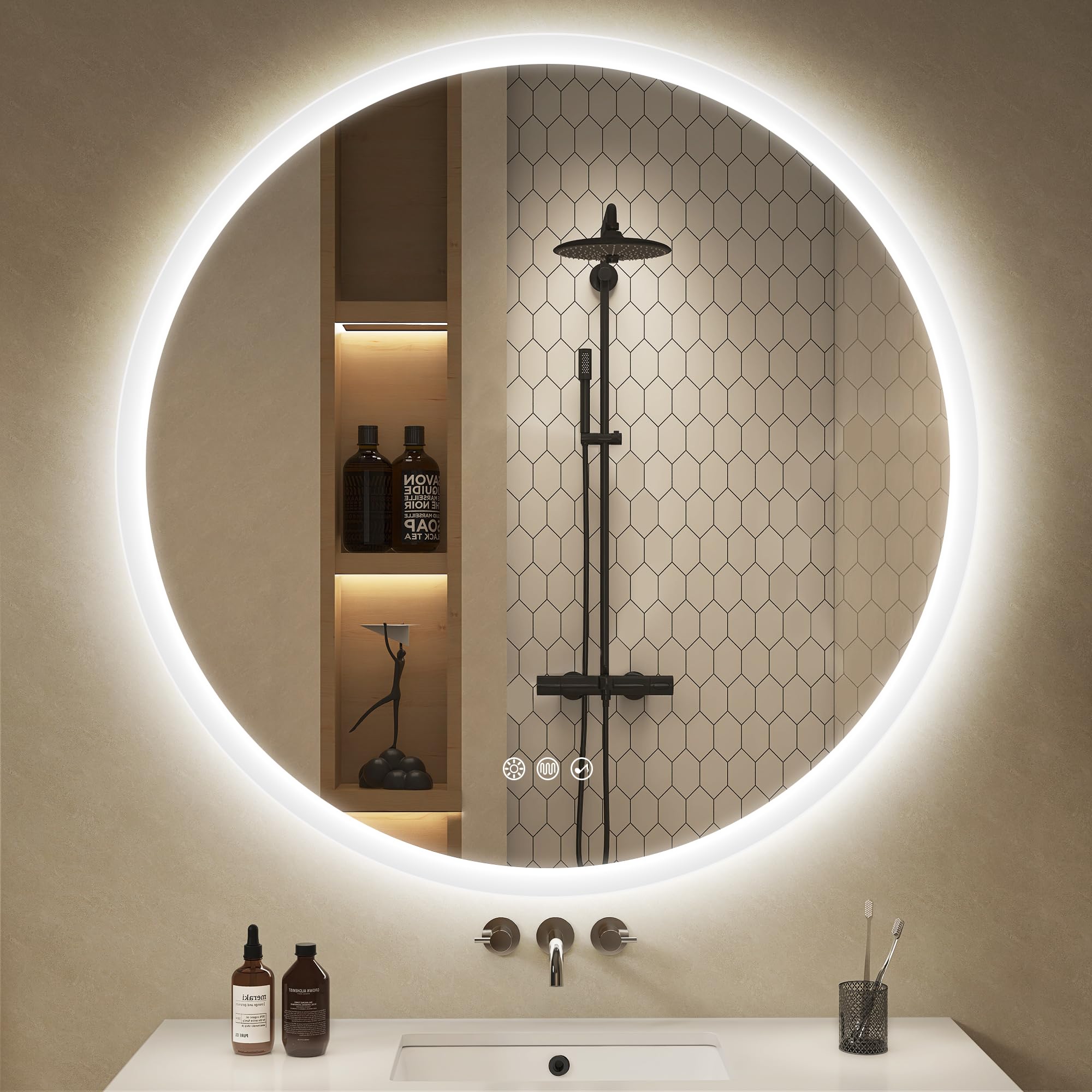 S'bagno Rotondo Specchio Bagno con Luce 90cm, Specchio Bagno LED con Bluetooth, Antiappannamento, 3000K/4000K/6500K, Dimmerabile, Vetro Temperato HD, Funzione di Memoria, IP44