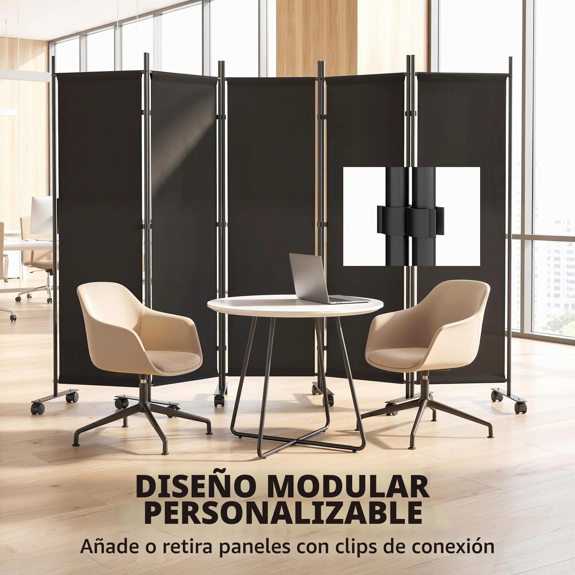 Outsunny Biombo Plegable de 5 Paneles con 12 Ruedas 252x170 cm Negro | Biombo Separador de Ambientes, Clips de Conexión, Montaje Personalizado, para Salón u Oficina