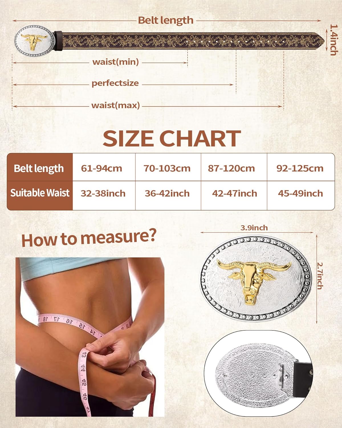 Western Cowboy Belts for Men Women,Western Belt with Bull Buckle, Country Longhorn Bull PU Leather Belt for Jeans - Image 3